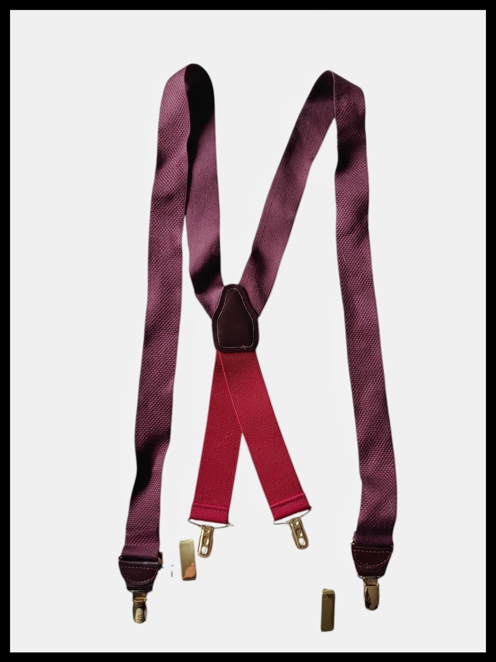 Vintage West Germany Burgundy X-Back Clip On Suspenders Leather + Brass Parts